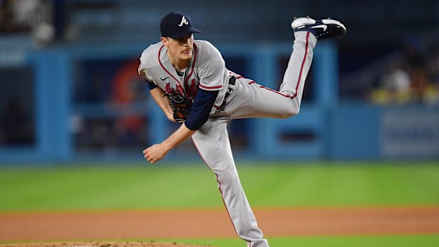 September 1, 2023; Los Angeles, California, USA; Atlanta Braves starting pitcher Max Fried (54) throws against the Los Angeles Dodgers during the fourth inning at Dodger Stadium.